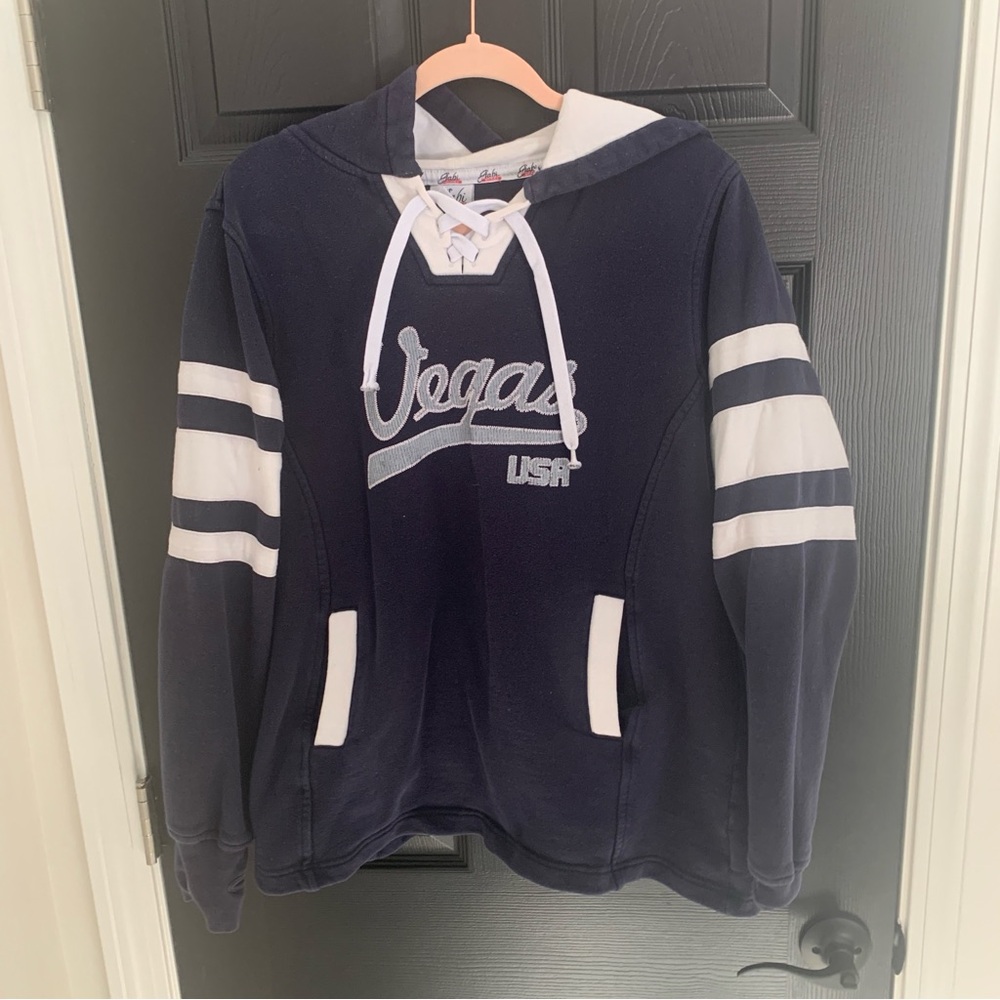gabi Sport | Vintage Cotton Vegas USA Navy Hockey Hoodie | Sz L